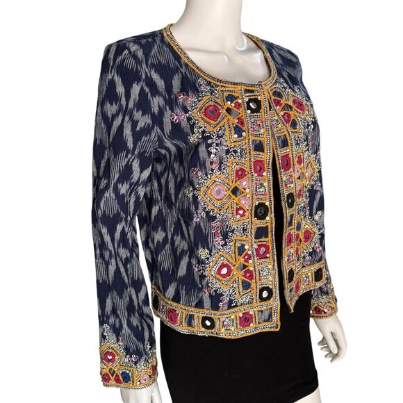 Calypso St. Barth Navy Akillna Ikat Jacket With Colorful Embroidered Mirror Deta - Picture 5 of 11